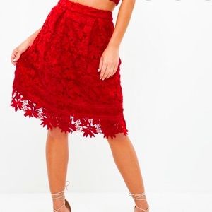 Missguided Red Lace Midi Skirt (Size 6)